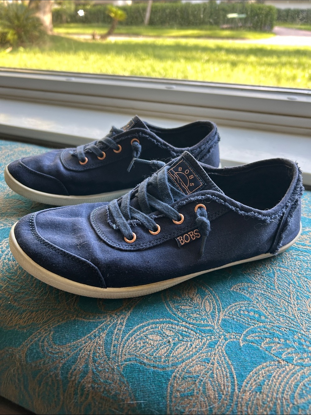 Skechers BOBS Navy Canvas Lace-Up Kids Sneakers with Copper Eyelets